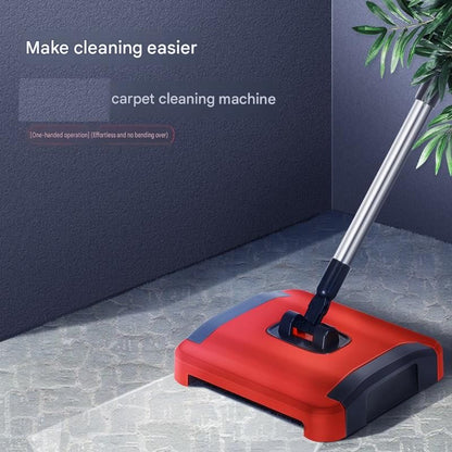 Red Manual Carpet Sweeper with Triple Roller Brushes - Non-Electric Push Broom for Pet Hair, Lightweight Floor Cleaner with Detachable Handle and Large Dustbin