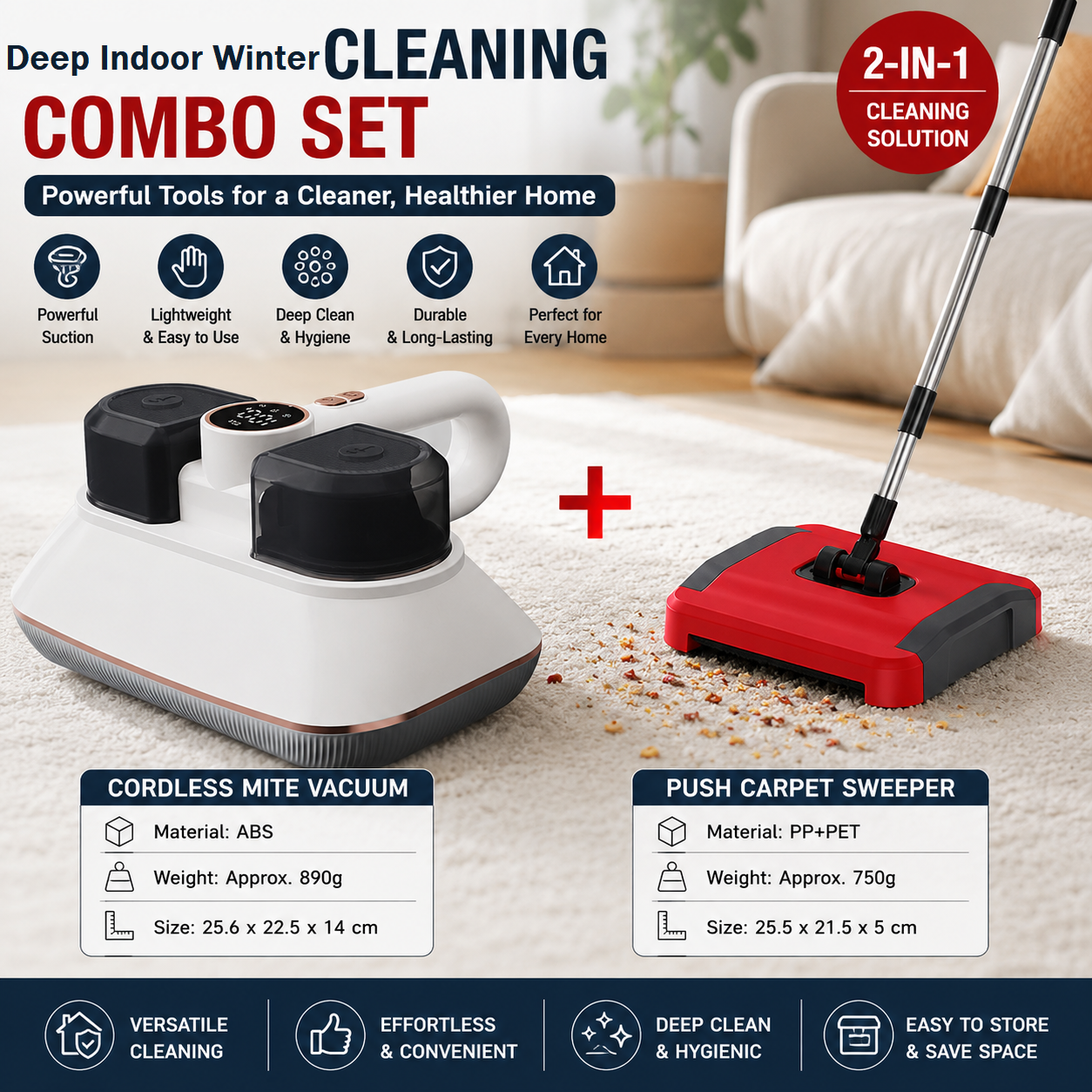 White Wireless Handheld Mite Remover and Red Manual Carpet Sweeper Combo - Dual Cup Strong Suction UV Sterilization High Frequency Tapping Portable Bed Sofa Cleaner with Triple Roller Brush carpet Push Broom for Pet Hair and small fragments
