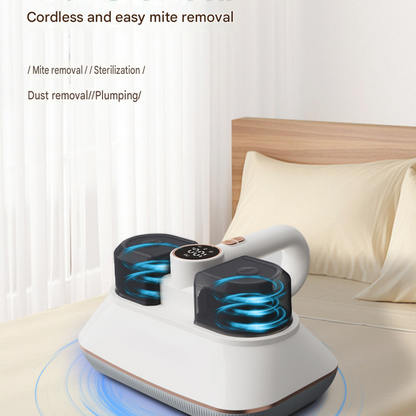 White Wireless Handheld Mite Remover and Red Manual Carpet Sweeper Combo - Dual Cup Strong Suction UV Sterilization High Frequency Tapping Portable Bed Sofa Cleaner with Triple Roller Brush carpet Push Broom for Pet Hair and small fragments