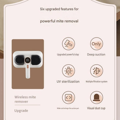 White Wireless Handheld Mite Remover and Red Manual Carpet Sweeper Combo - Dual Cup Strong Suction UV Sterilization High Frequency Tapping Portable Bed Sofa Cleaner with Triple Roller Brush carpet Push Broom for Pet Hair and small fragments