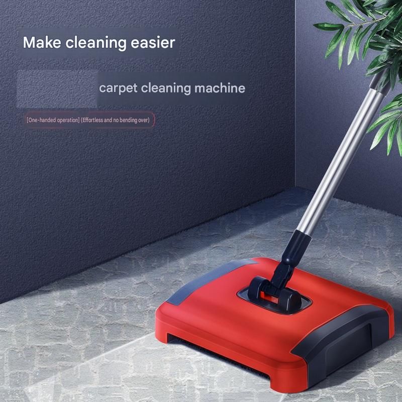 White Wireless Handheld Mite Remover and Red Manual Carpet Sweeper Combo - Dual Cup Strong Suction UV Sterilization High Frequency Tapping Portable Bed Sofa Cleaner with Triple Roller Brush carpet Push Broom for Pet Hair and small fragments
