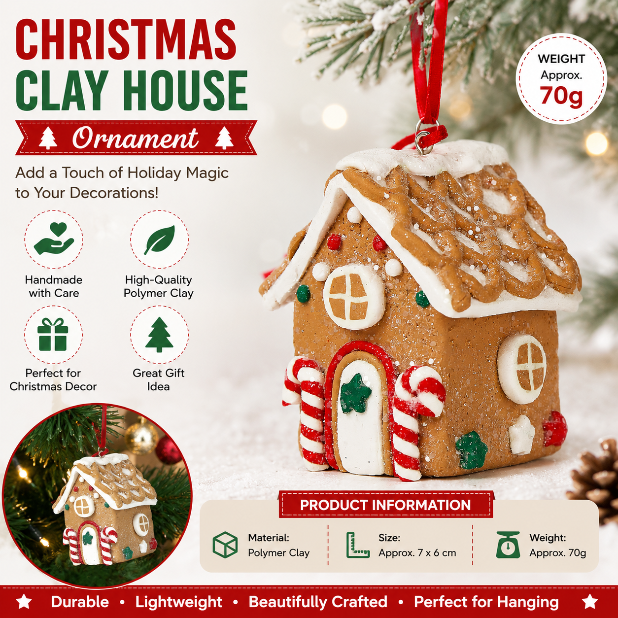 Double-crutch model Gingerbread House Christmas Tree Ornament - Made of polymer clay with snowflake details, perfect for Christmas decorations, suitable for home and window displays