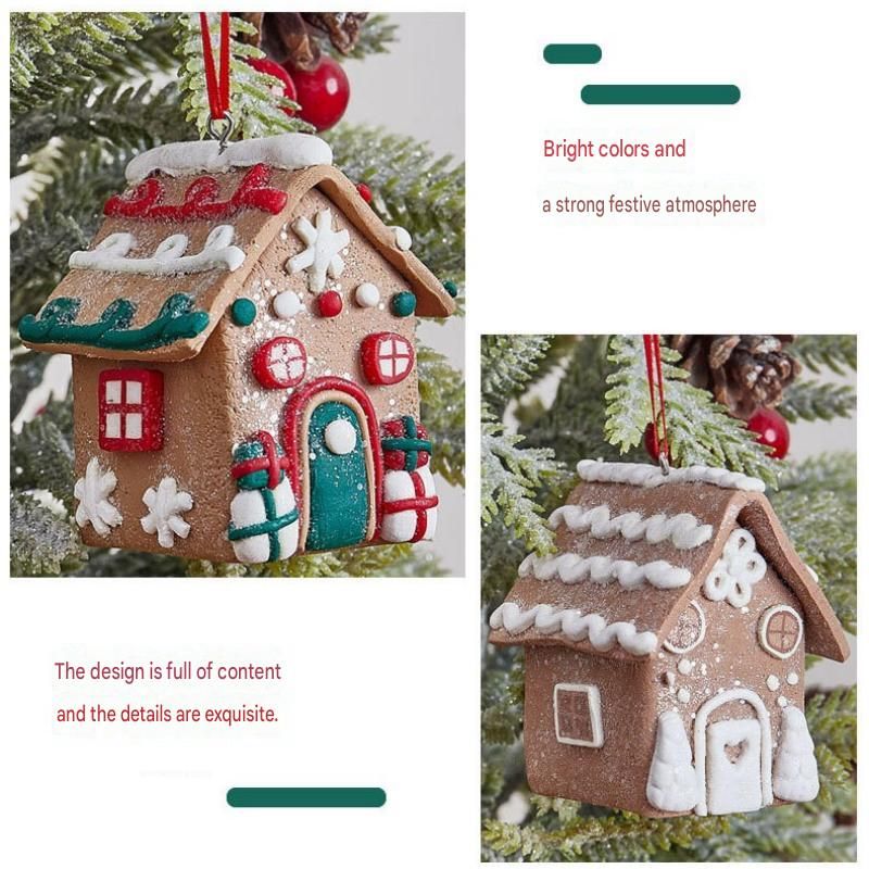 Green Eaves Style Gingerbread House Christmas Tree Ornament - Made of polymer clay with snowflake details, perfect for Christmas decorations, suitable for home and window displays