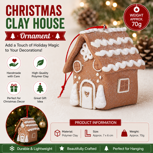 Biscuit color Gingerbread House Christmas Tree Ornament - Made of polymer clay with snowflake details, perfect for Christmas decorations, suitable for home and window displays