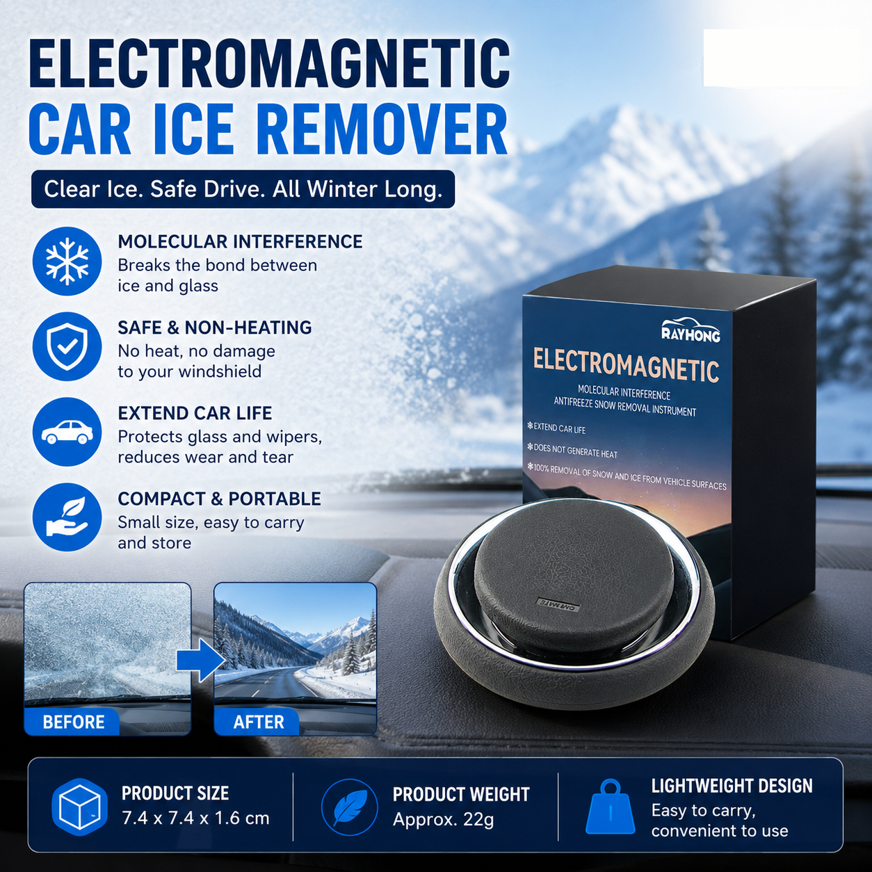 Electromagnetic Car Ice Remover - Solar Powered Molecular Interference De-icer for Windshield Frost and Snow Prevention, Compact Portable Dashboard Gadget for Winter Driving Safety