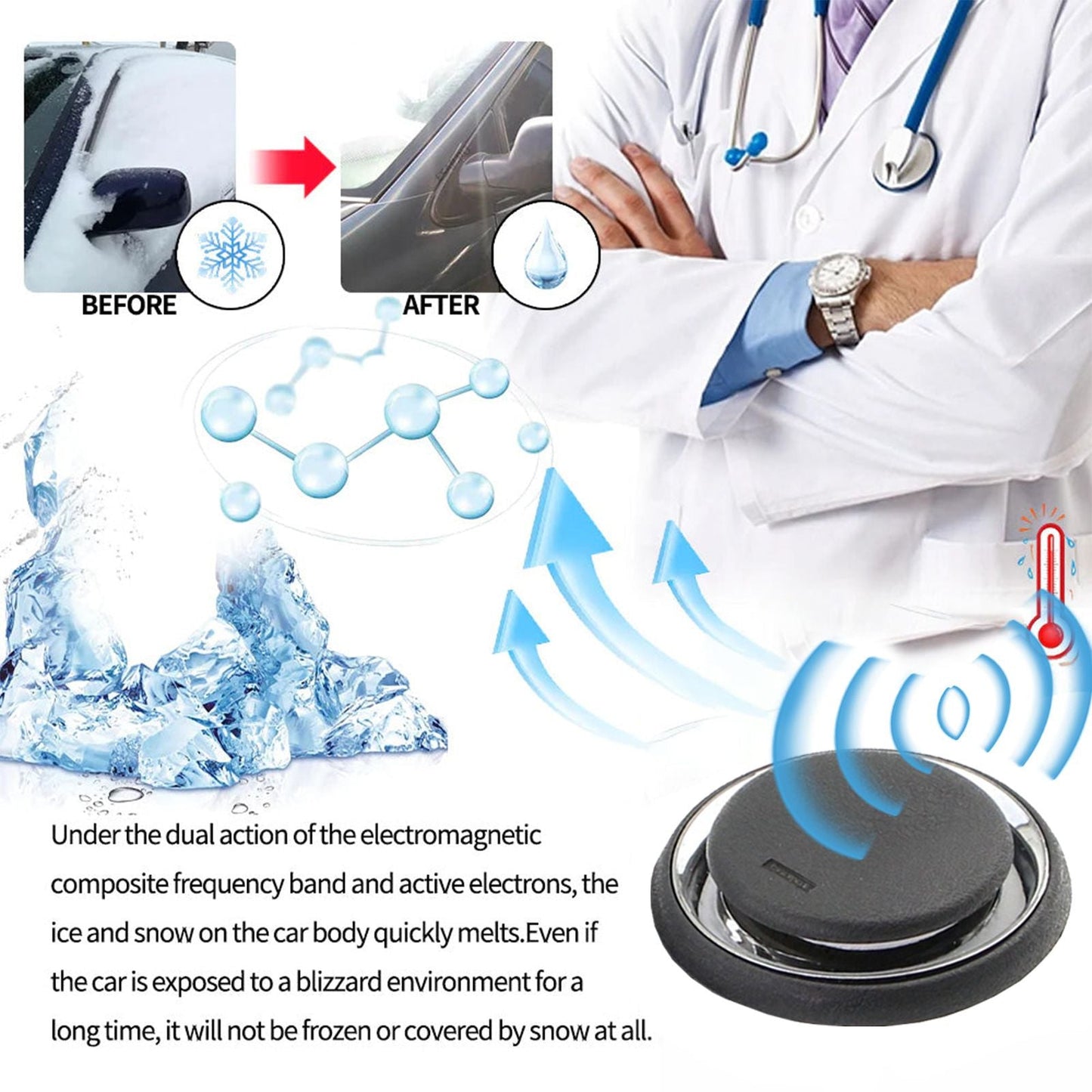 Electromagnetic Car Ice Remover - Solar Powered Molecular Interference De-icer for Windshield Frost and Snow Prevention, Compact Portable Dashboard Gadget for Winter Driving Safety
