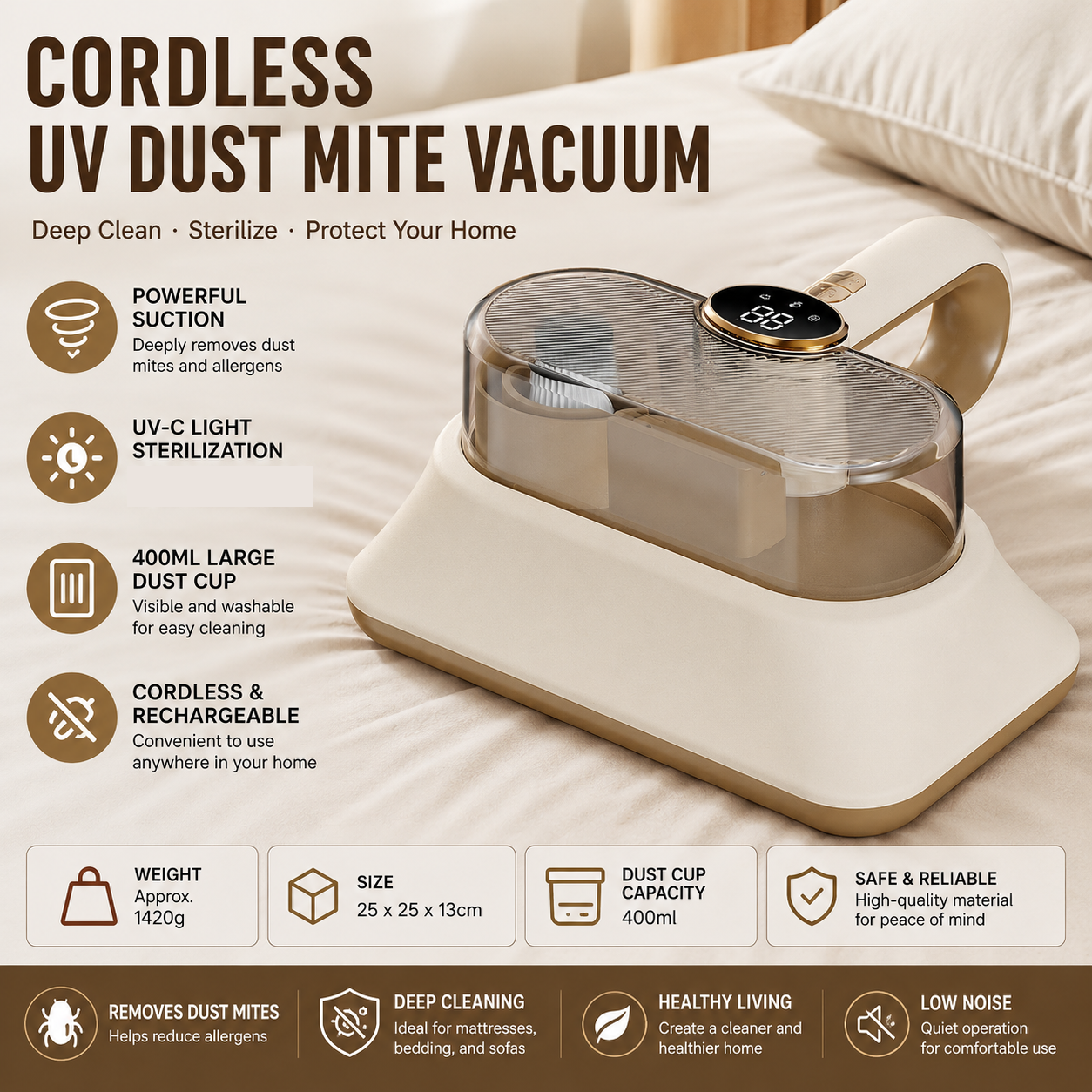 White Cordless UV-C Mite Remover Vacuum - 400ml Dust Cup, High-Frequency Tapping, Ergonomic Handle, Deep Cleaning for Bedding carpet Sofa Pet Hair