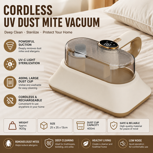 White Cordless UV-C Mite Remover Vacuum - 400ml Dust Cup, High-Frequency Tapping, Ergonomic Handle, Deep Cleaning for Bedding carpet Sofa Pet Hair