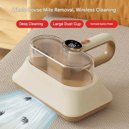 White Cordless UV-C Mite Remover Vacuum - 400ml Dust Cup, High-Frequency Tapping, Ergonomic Handle, Deep Cleaning for Bedding carpet Sofa Pet Hair