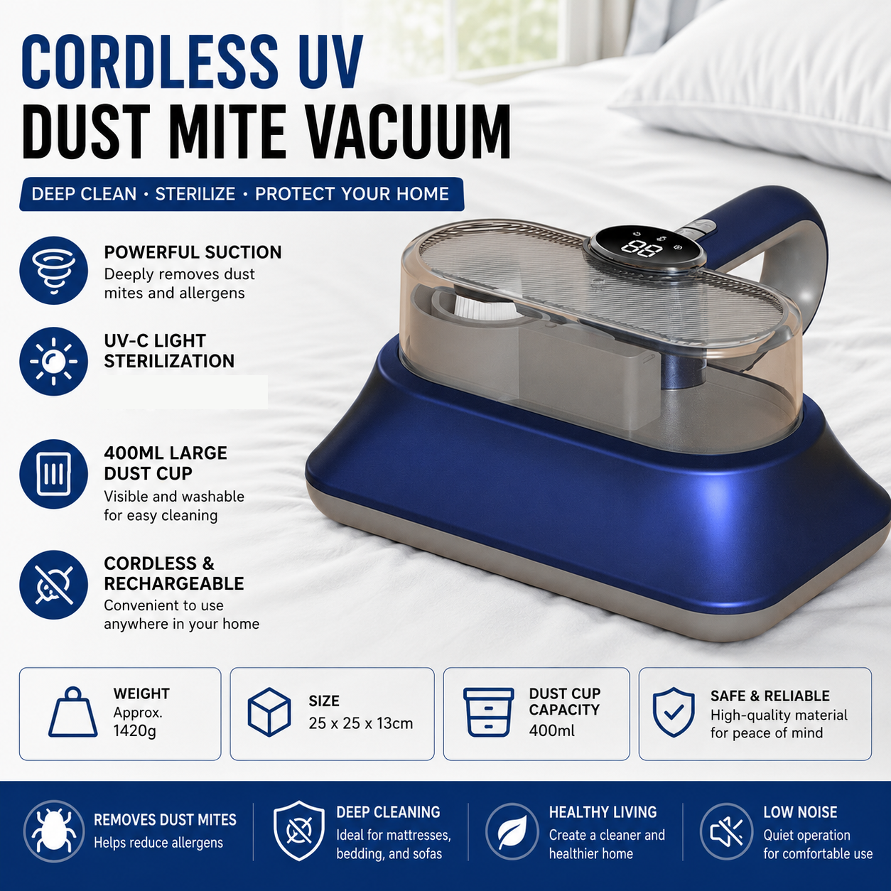 Blue Cordless UV-C Mite Remover Vacuum - 400ml Dust Cup, High-Frequency Tapping, Ergonomic Handle, Deep Cleaning for Bedding carpet Sofa Pet Hair