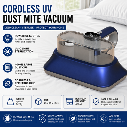 Blue Cordless UV-C Mite Remover Vacuum - 400ml Dust Cup, High-Frequency Tapping, Ergonomic Handle, Deep Cleaning for Bedding carpet Sofa Pet Hair