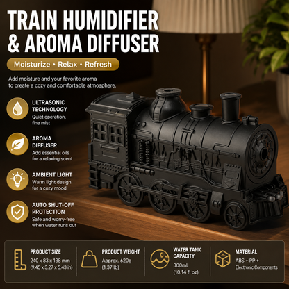 Black Retro Train Aromatherapy Humidifier - 300ml Ultrasonic Cool Mist Diffuser with Jellyfish Smoke Ring, LED Night Light  for Bedroom Office Desk Decor
