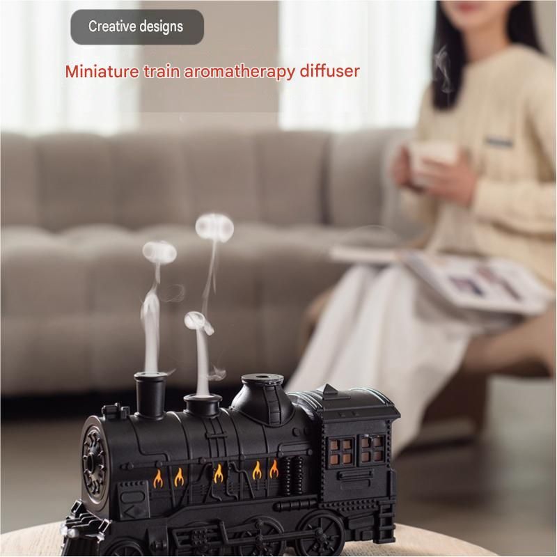 Black Retro Train Aromatherapy Humidifier - 300ml Ultrasonic Cool Mist Diffuser with Jellyfish Smoke Ring, LED Night Light  for Bedroom Office Desk Decor