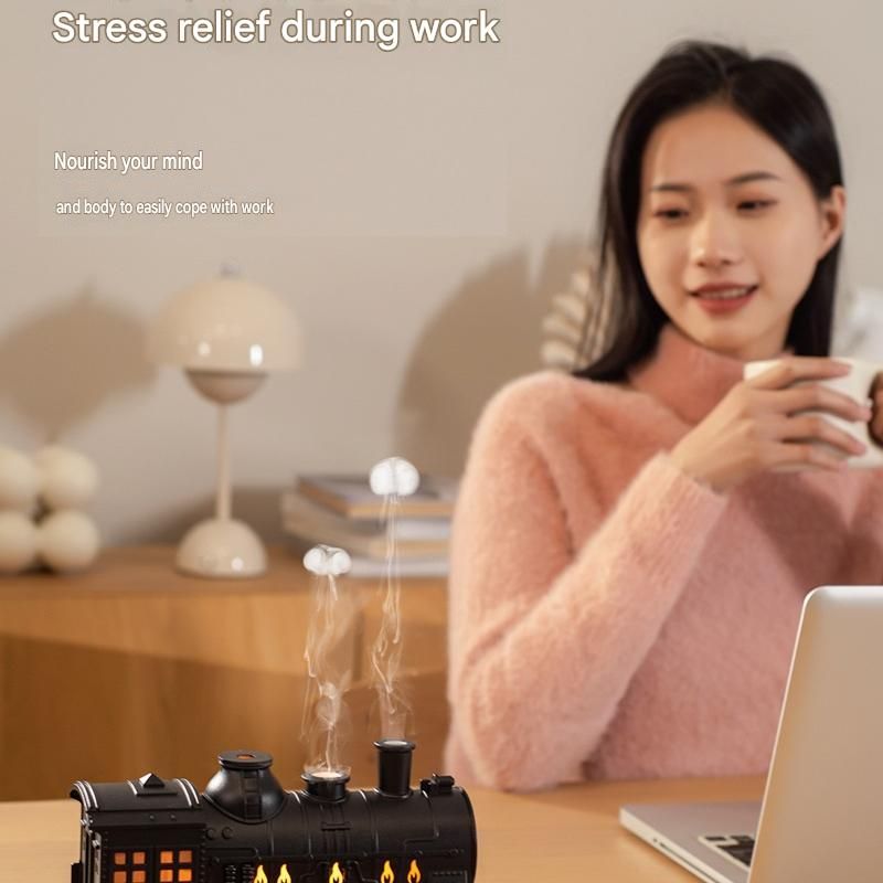 Black Retro Train Aromatherapy Humidifier - 300ml Ultrasonic Cool Mist Diffuser with Jellyfish Smoke Ring, LED Night Light  for Bedroom Office Desk Decor
