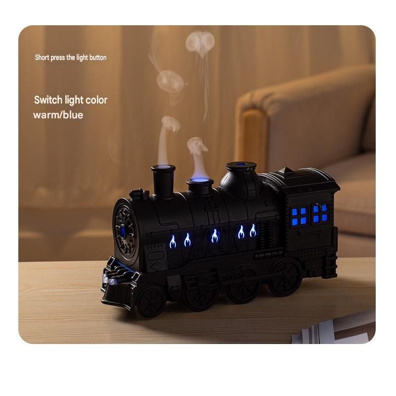 Black Retro Train Aromatherapy Humidifier - 300ml Ultrasonic Cool Mist Diffuser with Jellyfish Smoke Ring, LED Night Light  for Bedroom Office Desk Decor
