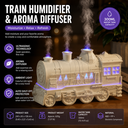 White Retro Train Aromatherapy Humidifier - 300ml Ultrasonic Cool Mist Diffuser with Jellyfish Smoke Ring, LED Night Light  for Bedroom Office Desk Decor