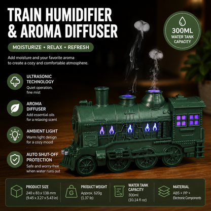 Green Retro Train Aromatherapy Humidifier - 300ml Ultrasonic Cool Mist Diffuser with Jellyfish Smoke Ring, LED Night Light  for Bedroom Office Desk Decor