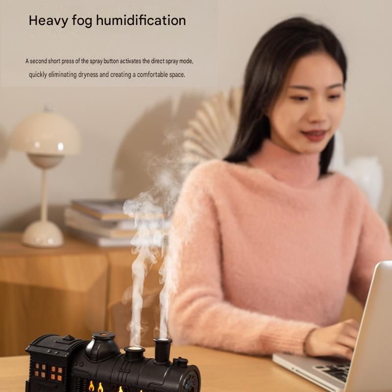 Green Retro Train Aromatherapy Humidifier - 300ml Ultrasonic Cool Mist Diffuser with Jellyfish Smoke Ring, LED Night Light  for Bedroom Office Desk Decor
