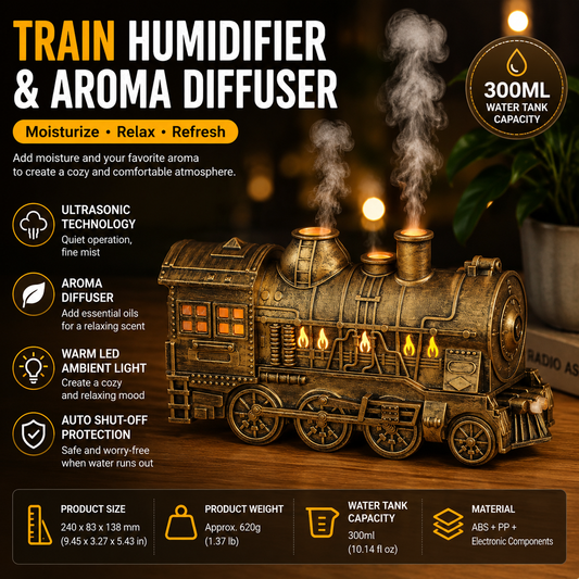 Brass-colored Retro Train Aromatherapy Humidifier - 300ml Ultrasonic Cool Mist Diffuser with Jellyfish Smoke Ring, LED Night Light  for Bedroom Office Desk Decor