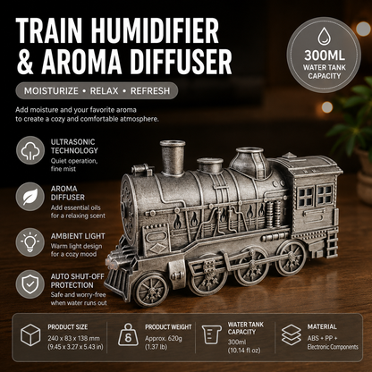 Silvery Retro Train Aromatherapy Humidifier - 300ml Ultrasonic Cool Mist Diffuser with Jellyfish Smoke Ring, LED Night Light  for Bedroom Office Desk Decor