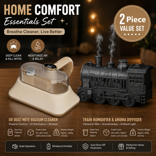 Winter Home Cleaning Comfort Kit - Black Retro Train Aromatherapy Humidifier and White Cordless UV Mite Remover Vacuum - 300ml Ultrasonic Mist with Jellyfish Smoke Ring, 400ml Dust Cup, LED Night Light, Remote Control for Bedroom and Bedding Cleaning