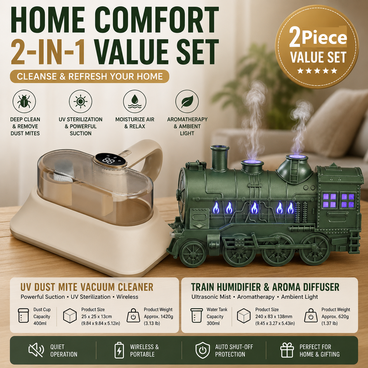 Winter Home Cleaning Comfort Kit - Green Retro Train Aromatherapy Humidifier and White Cordless UV Mite Remover Vacuum - 300ml Ultrasonic Mist with Jellyfish Smoke Ring, 400ml Dust Cup, LED Night Light, Remote Control for Bedroom and Bedding Cleaning