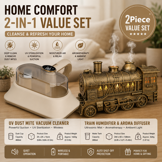 Winter Home Cleaning Comfort Kit - Brass-colored  Retro Train Aromatherapy Humidifier and White Cordless UV Mite Remover Vacuum - 300ml Ultrasonic Mist with Jellyfish Smoke Ring, 400ml Dust Cup, LED Night Light, Remote Control for Bedroom and Bedding Clea