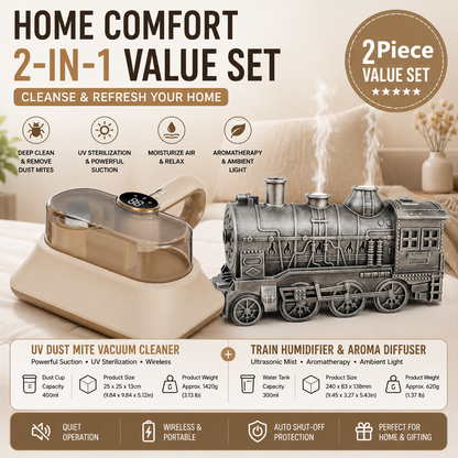 Winter Home Cleaning Comfort Kit - Silvery Retro Train Aromatherapy Humidifier and White Cordless UV Mite Remover Vacuum - 300ml Ultrasonic Mist with Jellyfish Smoke Ring, 400ml Dust Cup, LED Night Light, Remote Control for Bedroom and Bedding Cleaning