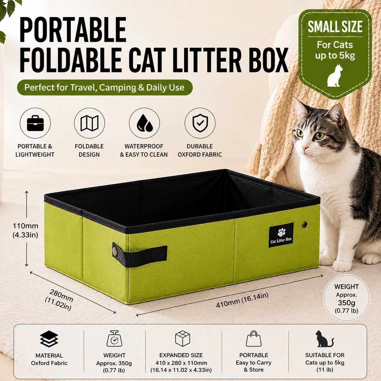 Green Small size Portable Foldable Cat Litter Box - Oxford Fabric Waterproof pet Travel Toilet with High Walls, Lightweight 350g Design for Road Trips Camping and Pet Transport