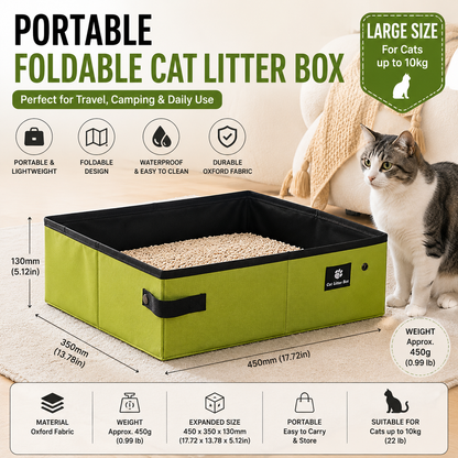 Green Large size Portable Foldable Cat Litter Box - Oxford Fabric Waterproof pet Travel Toilet with High Walls, Lightweight 350g Design for Road Trips Camping and Pet Transport