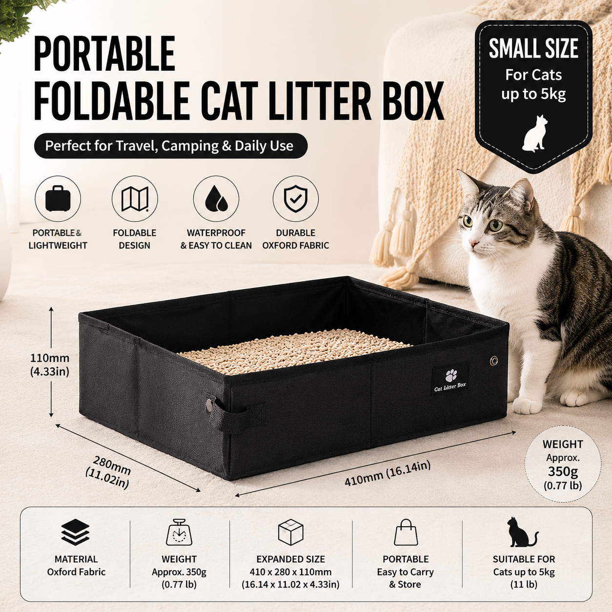 Black Small size Portable Foldable Cat Litter Box - Oxford Fabric Waterproof pet Travel Toilet with High Walls, Lightweight 350g Design for Road Trips Camping and Pet Transport