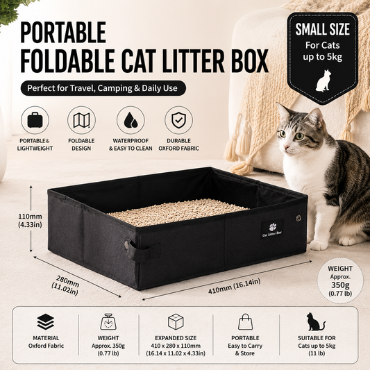 Black Small size Portable Foldable Cat Litter Box - Oxford Fabric Waterproof pet Travel Toilet with High Walls, Lightweight 350g Design for Road Trips Camping and Pet Transport