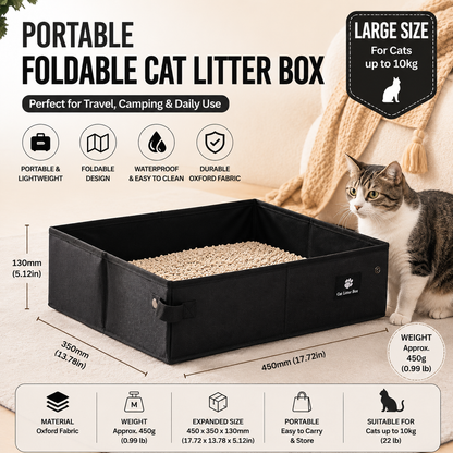 Black Large size Portable Foldable Cat Litter Box - Oxford Fabric Waterproof pet Travel Toilet with High Walls, Lightweight 350g Design for Road Trips Camping and Pet Transport