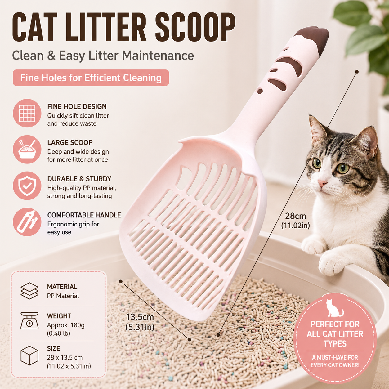 Pink Large-surface cat litter scoopâ€”made of PP material, featuring a fine-mesh design and an ergonomic handle; 28 cm in length. Suitable for tofu litter and clumping litter; an easy-to-clean tool for clearing away pet waste