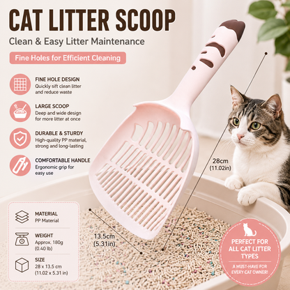 Pink Large-surface cat litter scoopâ€”made of PP material, featuring a fine-mesh design and an ergonomic handle; 28 cm in length. Suitable for tofu litter and clumping litter; an easy-to-clean tool for clearing away pet waste