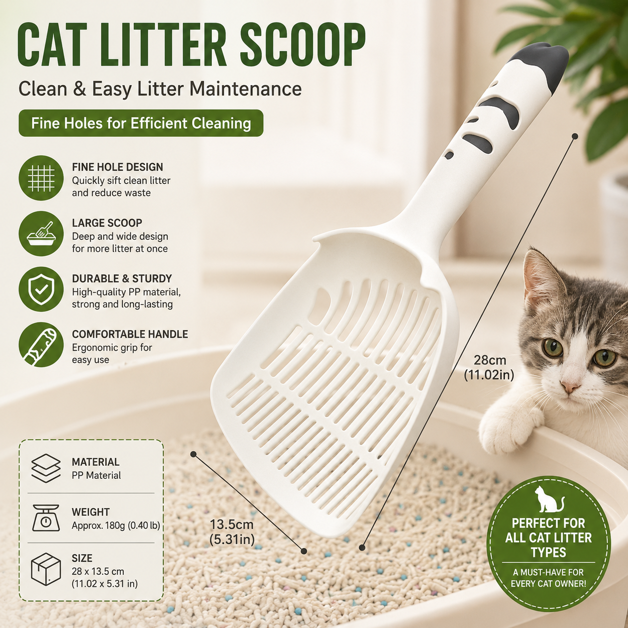 White Large-surface cat litter scoopâ€”made of PP material, featuring a fine-mesh design and an ergonomic handle; 28 cm in length. Suitable for tofu litter and clumping litter; an easy-to-clean tool for clearing away pet waste