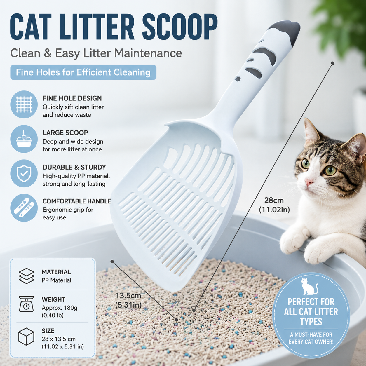 Blue Large-surface cat litter scoopâ€”made of PP material, featuring a fine-mesh design and an ergonomic handle; 28 cm in length. Suitable for tofu litter and clumping litter; an easy-to-clean tool for clearing away pet waste