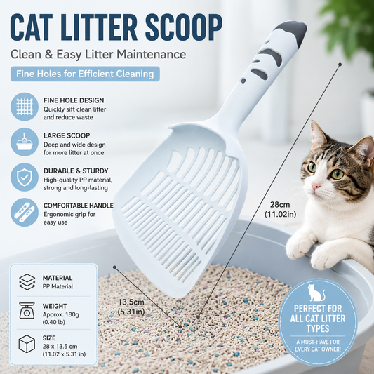 Blue Large-surface cat litter scoopâ€”made of PP material, featuring a fine-mesh design and an ergonomic handle; 28 cm in length. Suitable for tofu litter and clumping litter; an easy-to-clean tool for clearing away pet waste