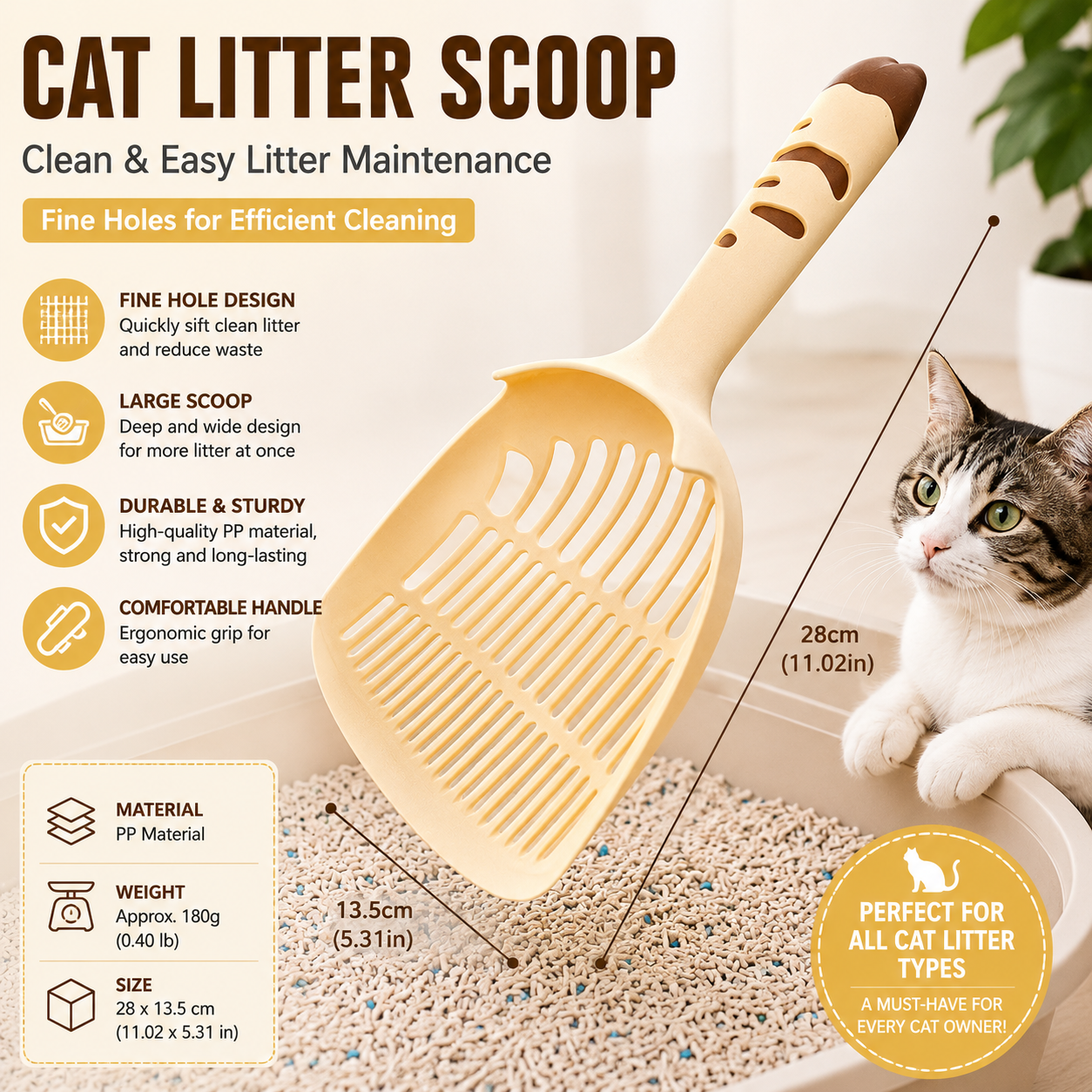 Yellow Large-surface cat litter scoopâ€”made of PP material, featuring a fine-mesh design and an ergonomic handle; 28 cm in length. Suitable for tofu litter and clumping litter; an easy-to-clean tool for clearing away pet waste