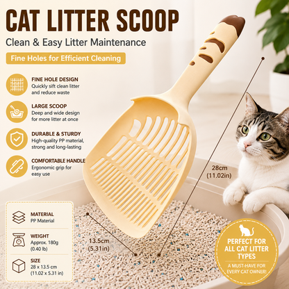 Yellow Large-surface cat litter scoopâ€”made of PP material, featuring a fine-mesh design and an ergonomic handle; 28 cm in length. Suitable for tofu litter and clumping litter; an easy-to-clean tool for clearing away pet waste