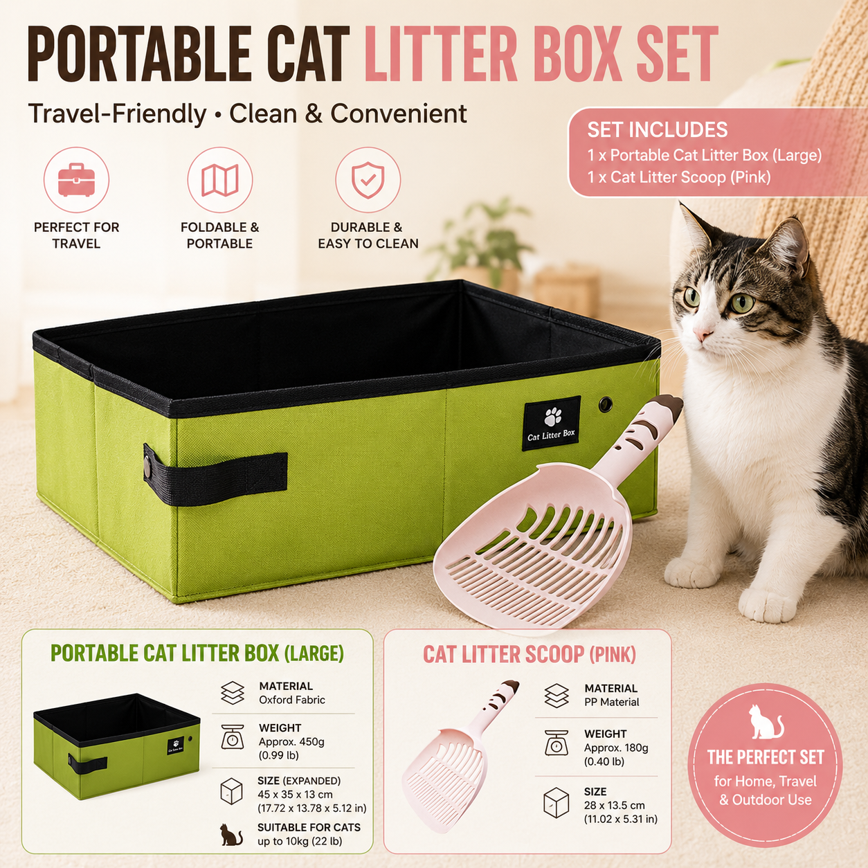 Travel Friendly Pet Toilet Kit - Green Portable Cat Litter Box and Pink Scoop Set - Foldable Oxford Fabric Tray with Waterproof Liner, PP Fine Mesh Scoop for Tofu and Clumping Litter,Suitable for travel and outdoor use