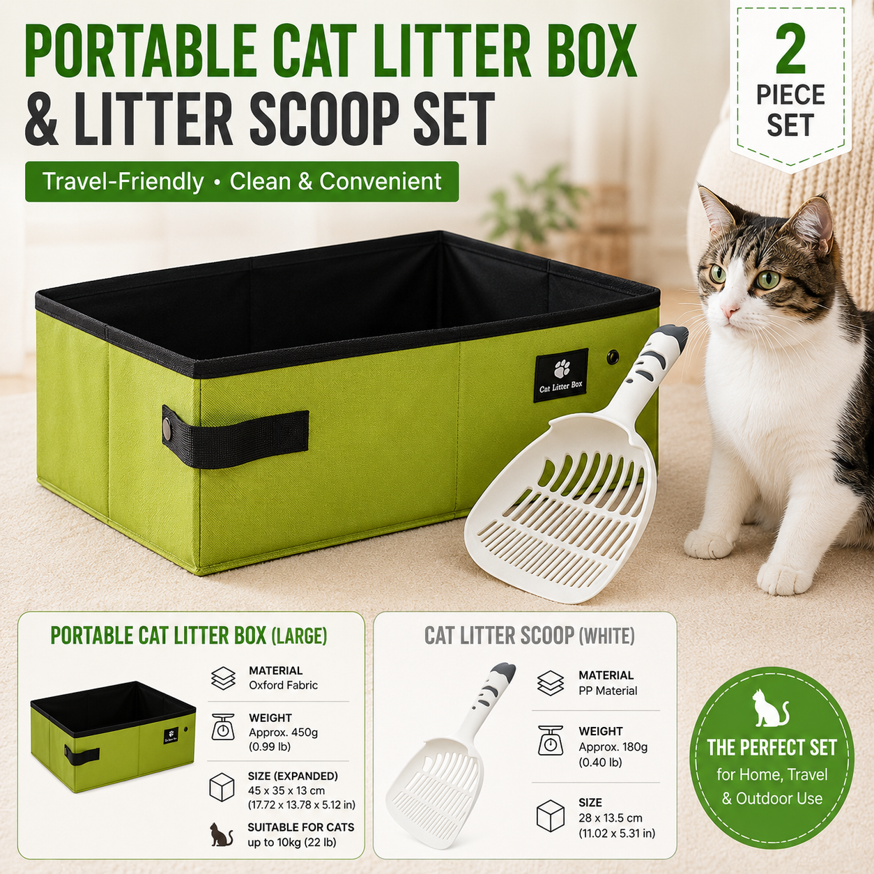 Travel Friendly Pet Toilet Kit - Green Portable Cat Litter Box and White Scoop Set - Foldable Oxford Fabric Tray with Waterproof Liner, PP Fine Mesh Scoop for Tofu and Clumping Litter,Suitable for travel and outdoor use