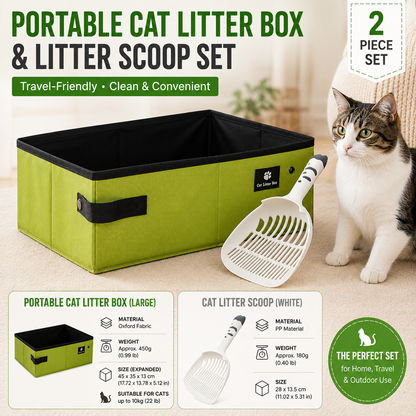 Travel Friendly Pet Toilet Kit - Green Portable Cat Litter Box and White Scoop Set - Foldable Oxford Fabric Tray with Waterproof Liner, PP Fine Mesh Scoop for Tofu and Clumping Litter,Suitable for travel and outdoor use