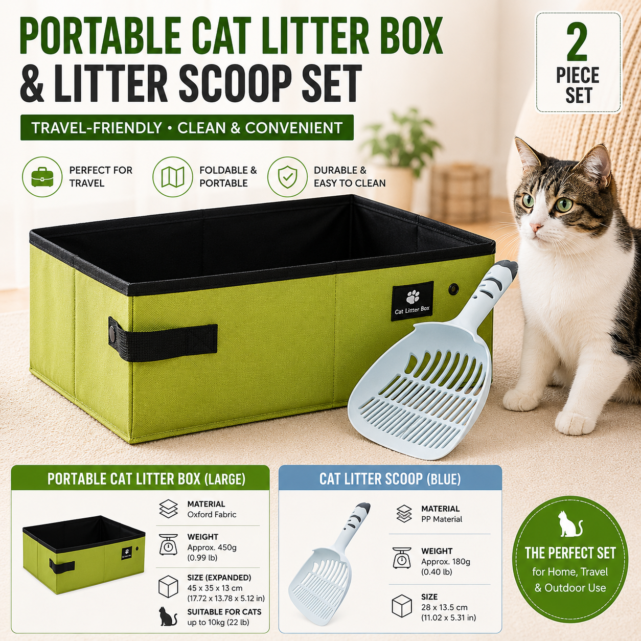 Travel Friendly Pet Toilet Kit - Green Portable Cat Litter Box and Blue Scoop Set - Foldable Oxford Fabric Tray with Waterproof Liner, PP Fine Mesh Scoop for Tofu and Clumping Litter,Suitable for travel and outdoor use