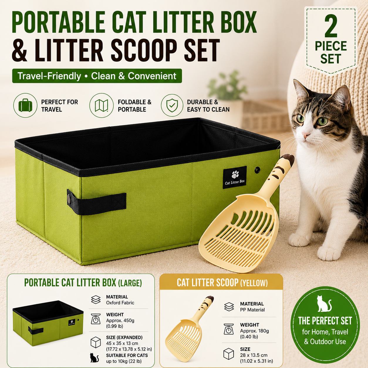 Travel Friendly Pet Toilet Kit - Green Portable Cat Litter Box and Yellow Scoop Set - Foldable Oxford Fabric Tray with Waterproof Liner, PP Fine Mesh Scoop for Tofu and Clumping Litter,Suitable for travel and outdoor use