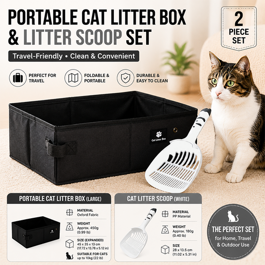 Travel Friendly Pet Toilet Kit - Black Portable Cat Litter Box and White Scoop Set - Foldable Oxford Fabric Tray with Waterproof Liner, PP Fine Mesh Scoop for Tofu and Clumping Litter,Suitable for travel and outdoor use