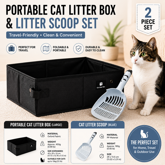 Travel Friendly Pet Toilet Kit - Black Portable Cat Litter Box and Blue Scoop Set - Foldable Oxford Fabric Tray with Waterproof Liner, PP Fine Mesh Scoop for Tofu and Clumping Litter,Suitable for travel and outdoor use