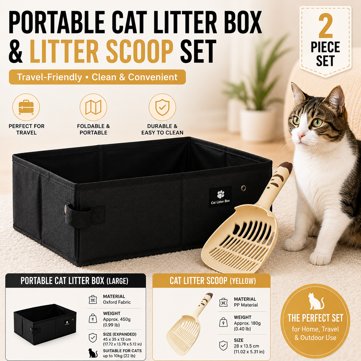 Travel Friendly Pet Toilet Kit - BlackPortable Cat Litter Box and Yellow Scoop Set - Foldable Oxford Fabric Tray with Waterproof Liner, PP Fine Mesh Scoop for Tofu and Clumping Litter,Suitable for travel and outdoor use