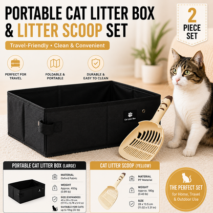 Travel Friendly Pet Toilet Kit - BlackPortable Cat Litter Box and Yellow Scoop Set - Foldable Oxford Fabric Tray with Waterproof Liner, PP Fine Mesh Scoop for Tofu and Clumping Litter,Suitable for travel and outdoor use