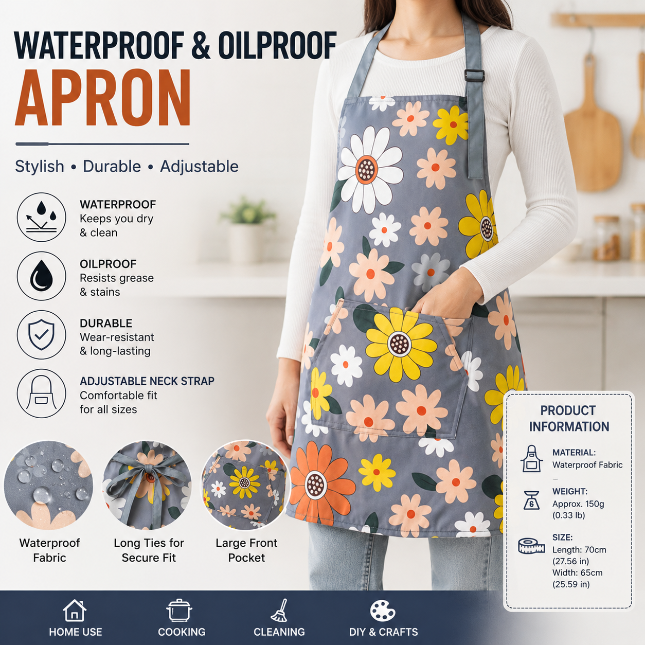 Chrysanthemum pattern Waterproof Kitchen Apron - Oil Resistant Fabric with Adjustable Neck Strap, Large Front Pocket, 70cm Length, for Cooking and Home Cleaning